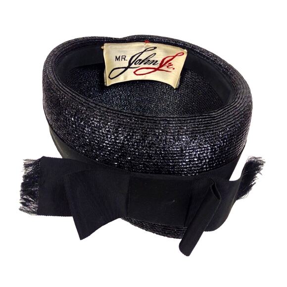 Mr John Jr Vintage Straw Pillbox Hat Black w Bow Union Made Fancy Church Formal main image 5